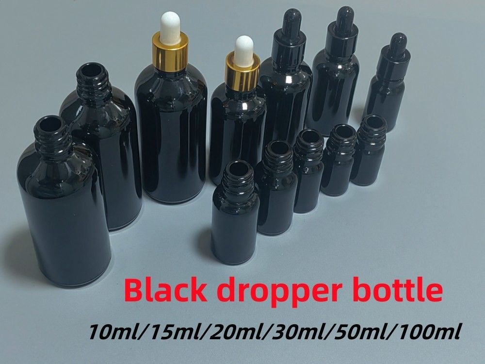 Μαύρο 10, Ml 15ml 20ml 30ml 50ml άδειο στρογγυλό μαύρο γυαλιστερό γυάλινο μπουκάλι σταγονόμετρου για αιθέρια έλαια με πλαστικό χρυσό δαχτυλίδι