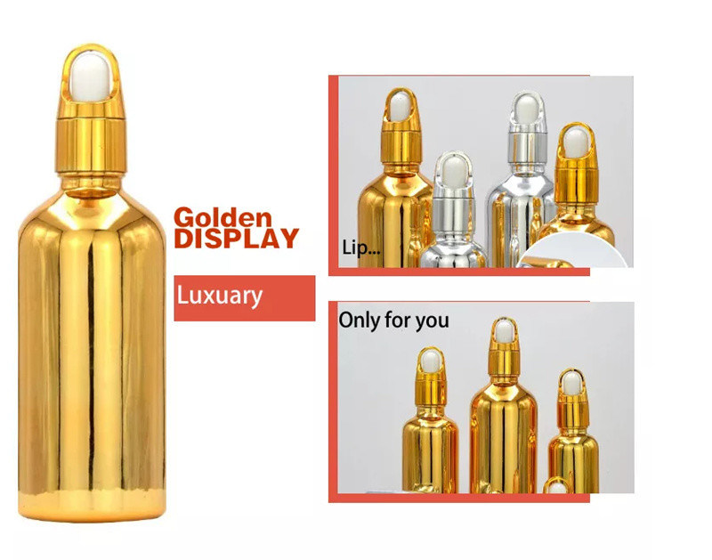 10 ml 20 ml 30 ml 50 ml ηλεκτροπληρωμένο χρυσό μπουκάλι αιθέριας ύλης Μικρό χρυσό μπουκάλι καλλυντικά Μπουκάλι σταγονόμετρου γυαλιού