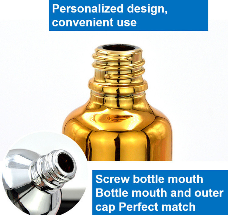 10 ml 20 ml 30 ml 50 ml ηλεκτροπληρωμένο χρυσό μπουκάλι αιθέριας ύλης Μικρό χρυσό μπουκάλι καλλυντικά Μπουκάλι σταγονόμετρου γυαλιού