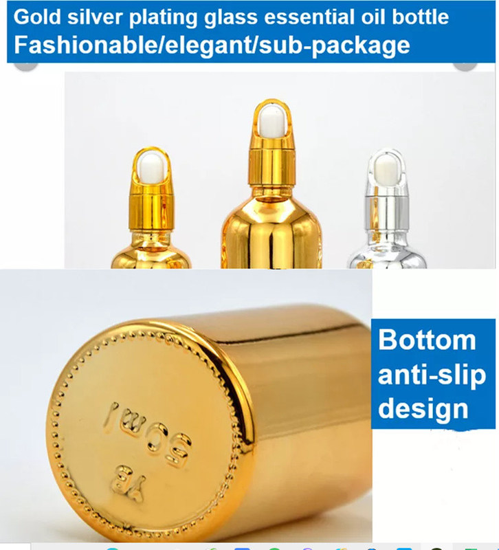 10 ml 20 ml 30 ml 50 ml ηλεκτροπληρωμένο χρυσό μπουκάλι αιθέριας ύλης Μικρό χρυσό μπουκάλι καλλυντικά Μπουκάλι σταγονόμετρου γυαλιού