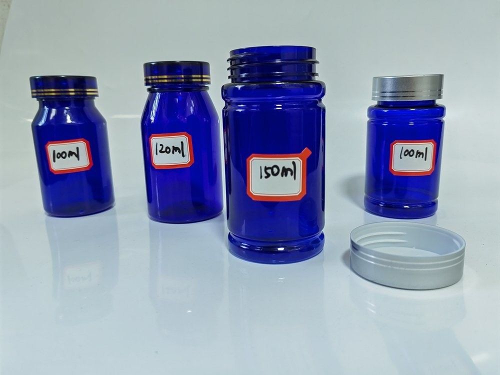 πλαστικό μπλε PET 100 ml μπουκάλι καψάκια χάπια με ασημένιο καπάκι βίδα Φαρμακευτική βιταμίνη συμπλήρωμα μπουκάλι δοχείο