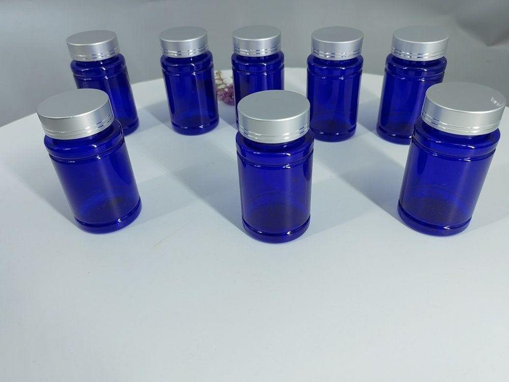 πλαστικό μπλε PET 100 ml μπουκάλι καψάκια χάπια με ασημένιο καπάκι βίδα Φαρμακευτική βιταμίνη συμπλήρωμα μπουκάλι δοχείο